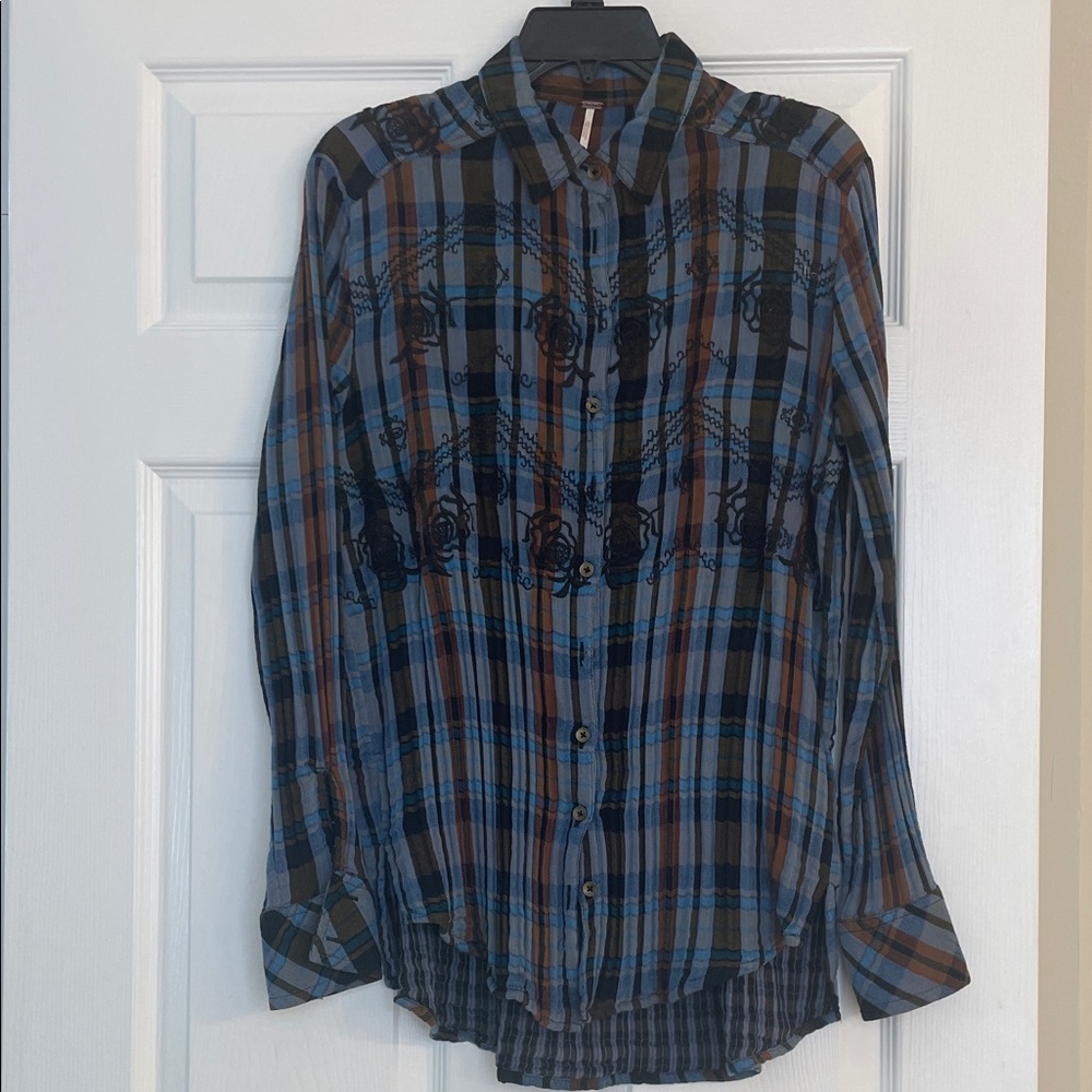 Free People Blue and Brown Plaid Women's Shirt